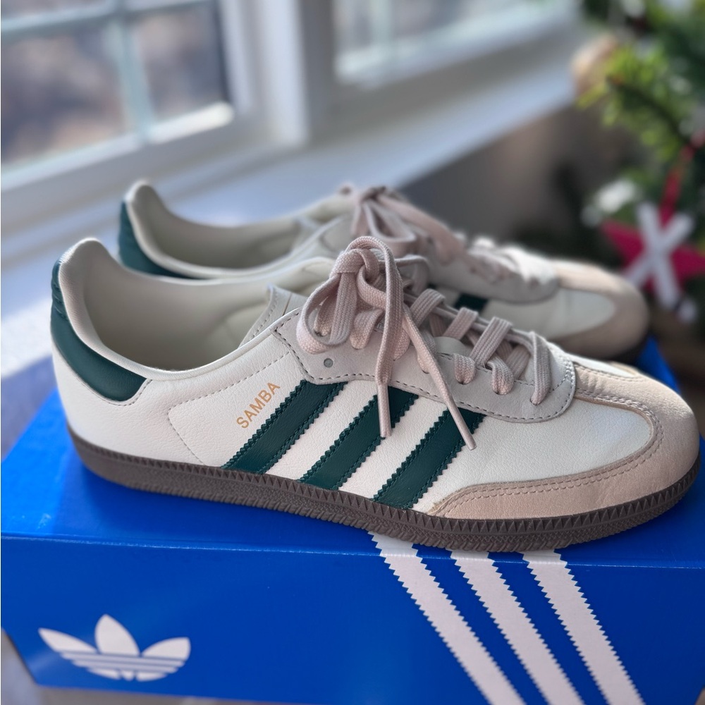 Adidas Samba Sneakers in White, Green, and Beige
